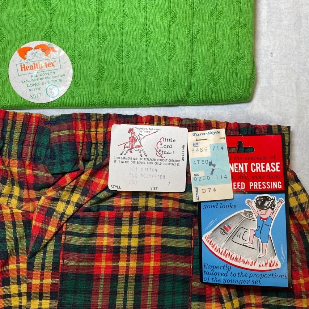 Vintage 1960s Health-Tex Little Lord Stuart Boys Outfit Plaid Shorts Set Sz 6/7